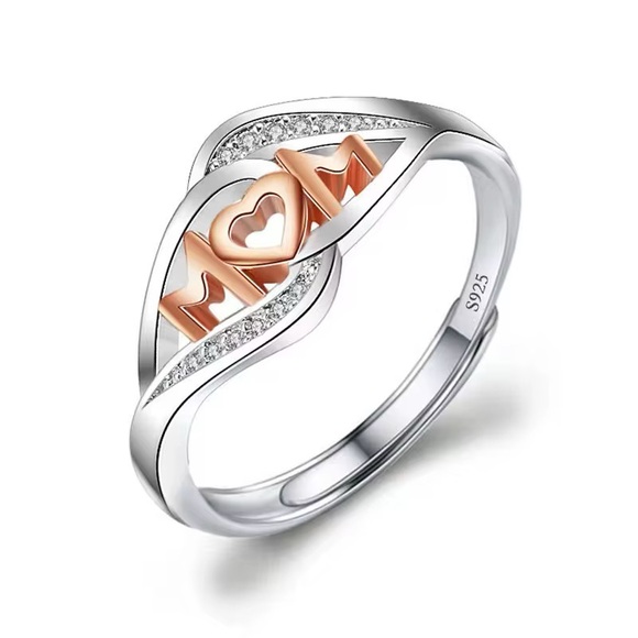 Elegant 925 Sterling Silver and Gold \'Mom\' Ring